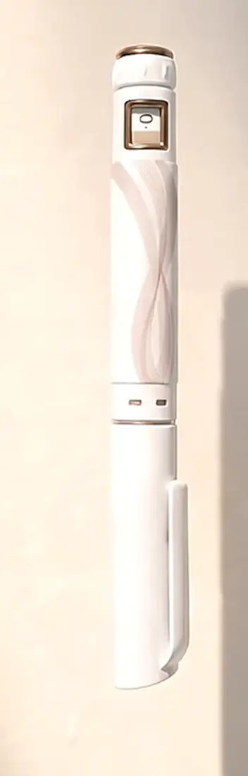The Biovanta pre-filled pen standing on a sunlit wall, its cap on